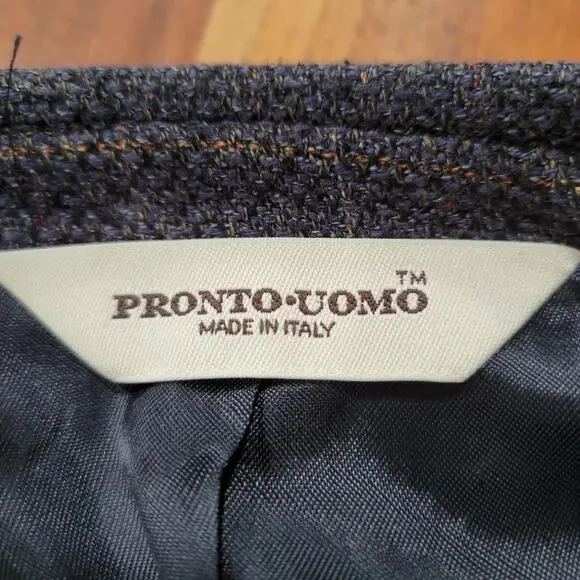 Pronto-Uomo Suit Jacket Blazer Silk Wool Gray Plaid Italy Lined Size 54 Long